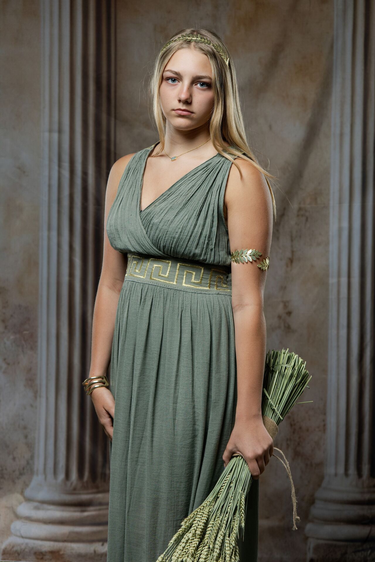 Demeter Olympian goddess photoshoot in Athens with Greek costumes, harvest details and GreekClick portraits.