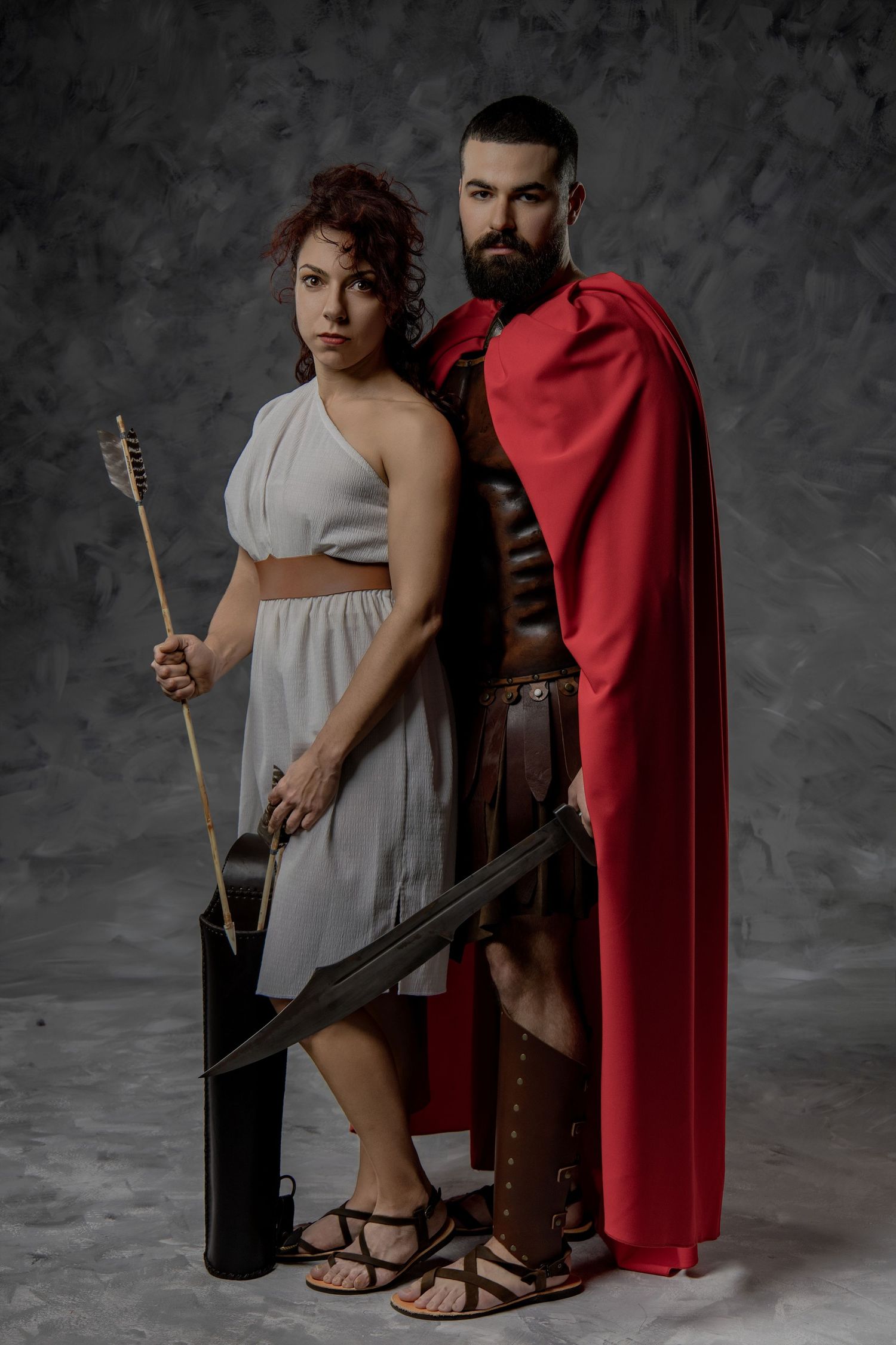 Warrior and goddess mythology portrait in Athens with Greek costumes, dramatic styling and GreekClick photography.