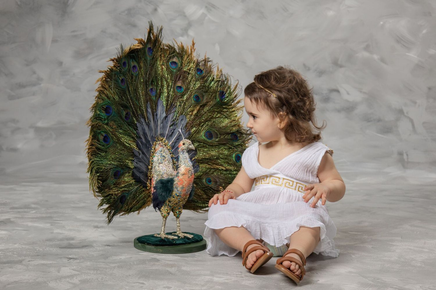 A peacock displays its vibrant tail feathers while a small child in white sits nearby on a gray backdrop.