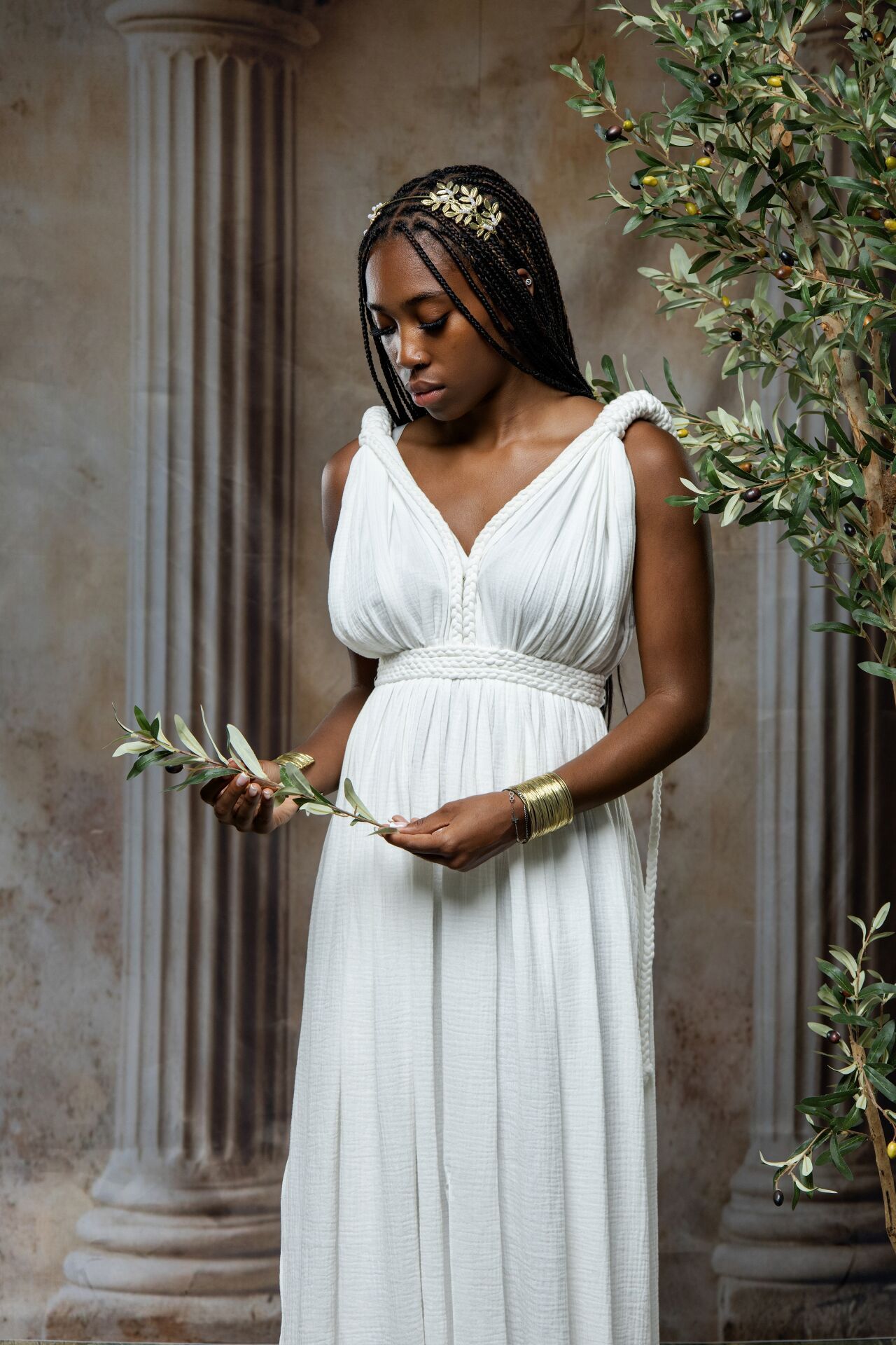 Greek goddess bachelorette experience in Athens with priestess costumes, mythology portraits and GreekClick photography.