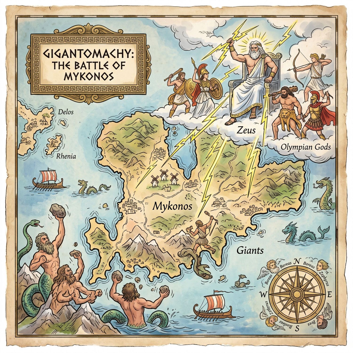 Map of Mykonos island showing Zeus striking giants with lightning bolts as Olympian gods watch from a cloud