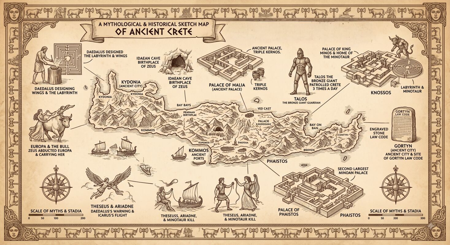 A detailed sepia-toned sketch map of ancient Crete showing mythological locations, landmarks, and characters like the Minotaur and Daedalus.