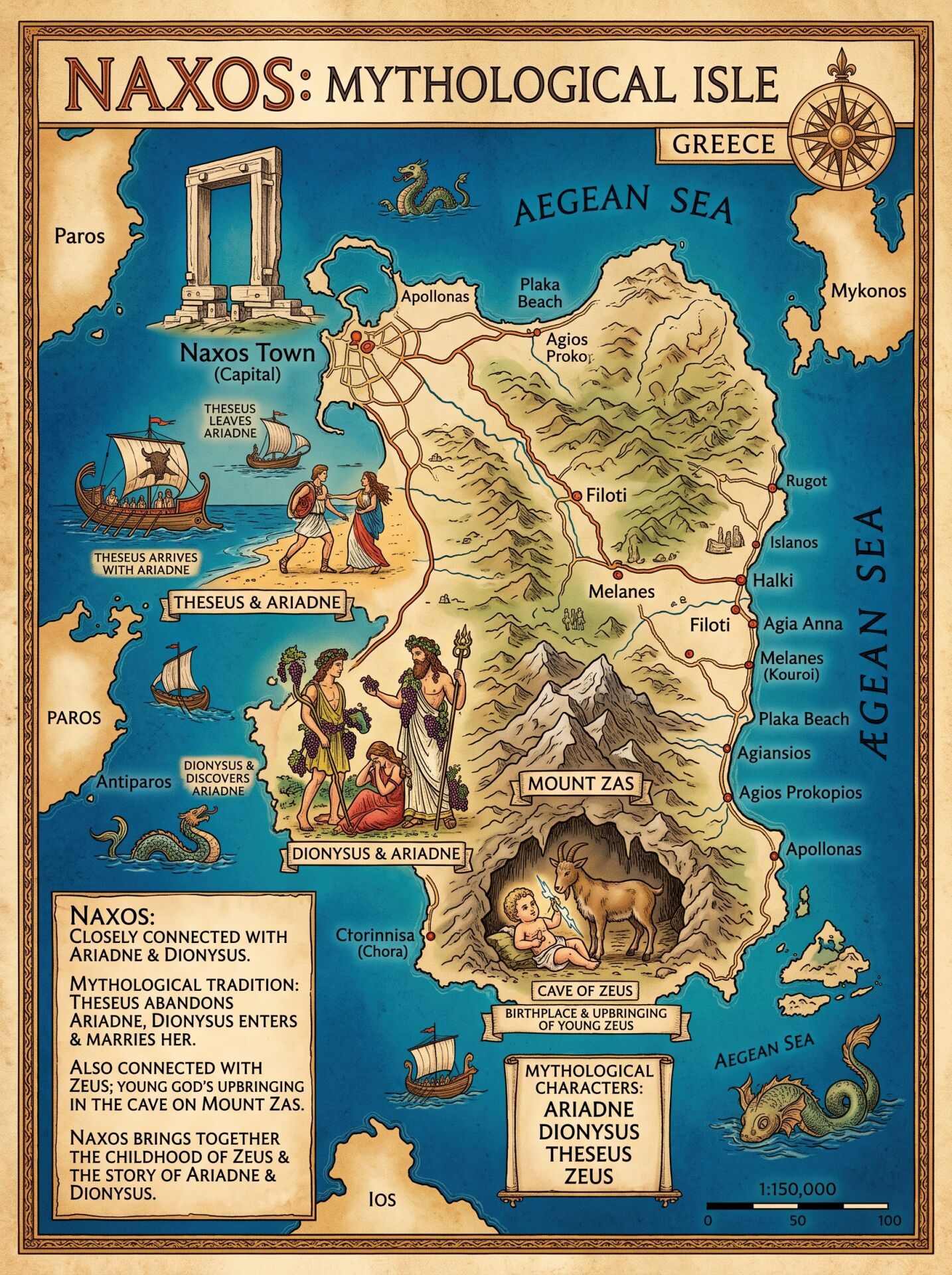 Map of Ithaca island illustrating Odysseus's journey with mythological characters and landmarks in ancient Greek style