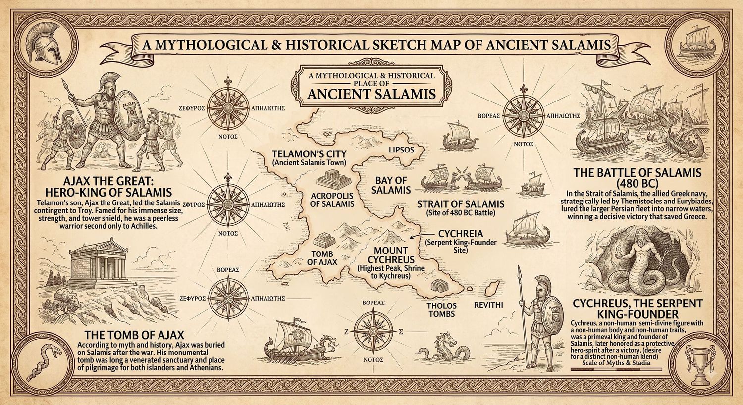 Mythological and historical sketch map of Ancient Salamis featuring Ajax, the Battle of Salamis, and Cychreus the Serpent King.