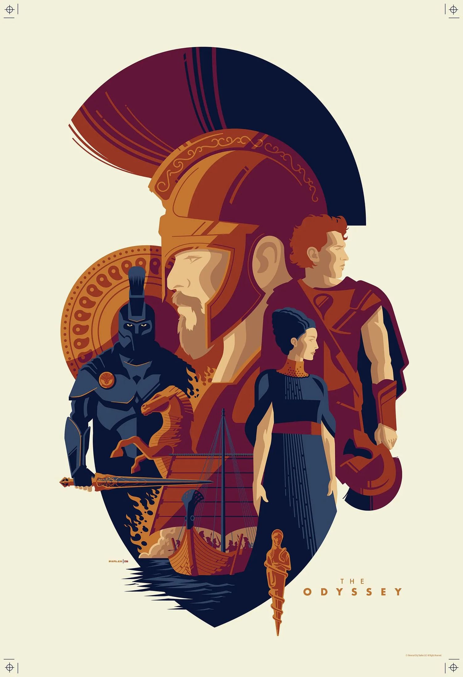 The Odyssey illustrated poster featuring stylized Greek warrior helmet with Trojan horse and characters below.