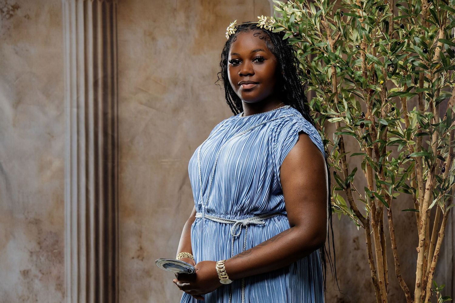 Greek history inspired Aphrodite photoshoot in Athens combining mythology, costumes and GreekClick portrait art.
