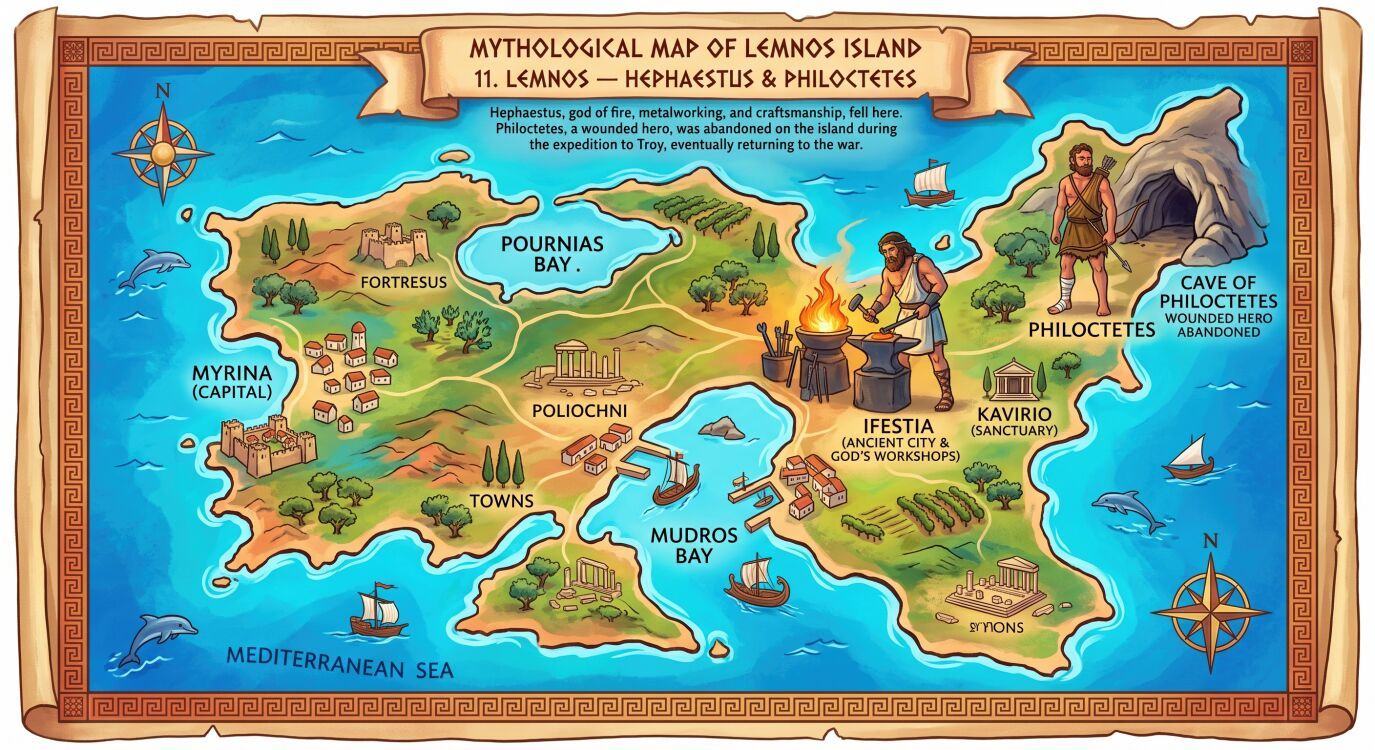 Mythological map of Lemnos Island showing towns, bays, and figures of Hephaestus and Philoctetes with labeled locations