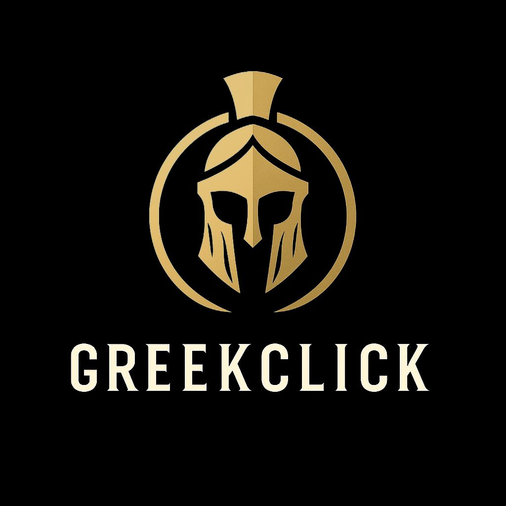 Minimalist gold Spartan helmet logo on black background with GreekClick branding.