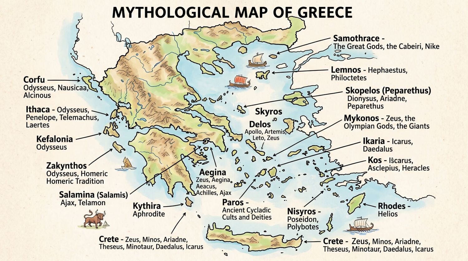 Map of Greece with mythological locations and associated Greek gods and heroes labeled across various islands and regions