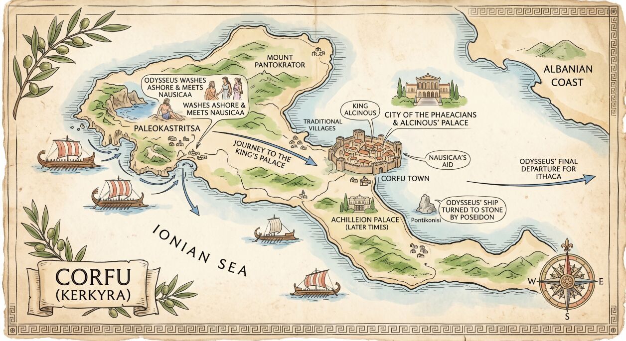 Map of Corfu island in the Ionian Sea showing locations from Ancient Greek mythology including Achilleion Palace and Odysseus landmarks