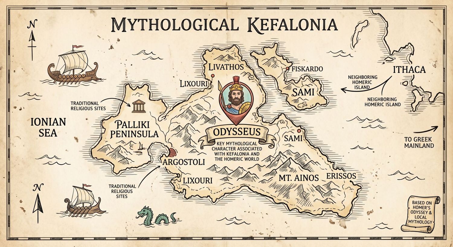 Mythological map of Kefalonia island featuring Odysseus in the center and surrounding locations in the Ionian Sea