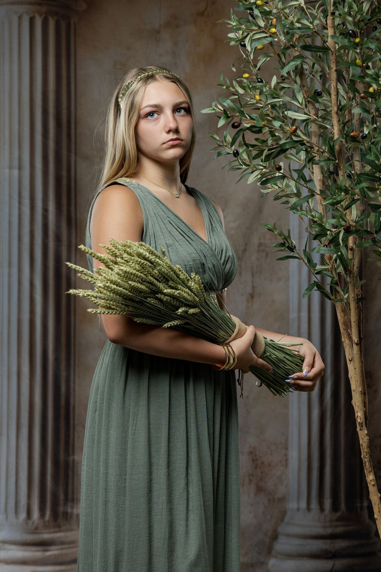 Demeter Greek goddess photoshoot in Athens with Ancient Greek costume, harvest symbols and GreekClick portraits.