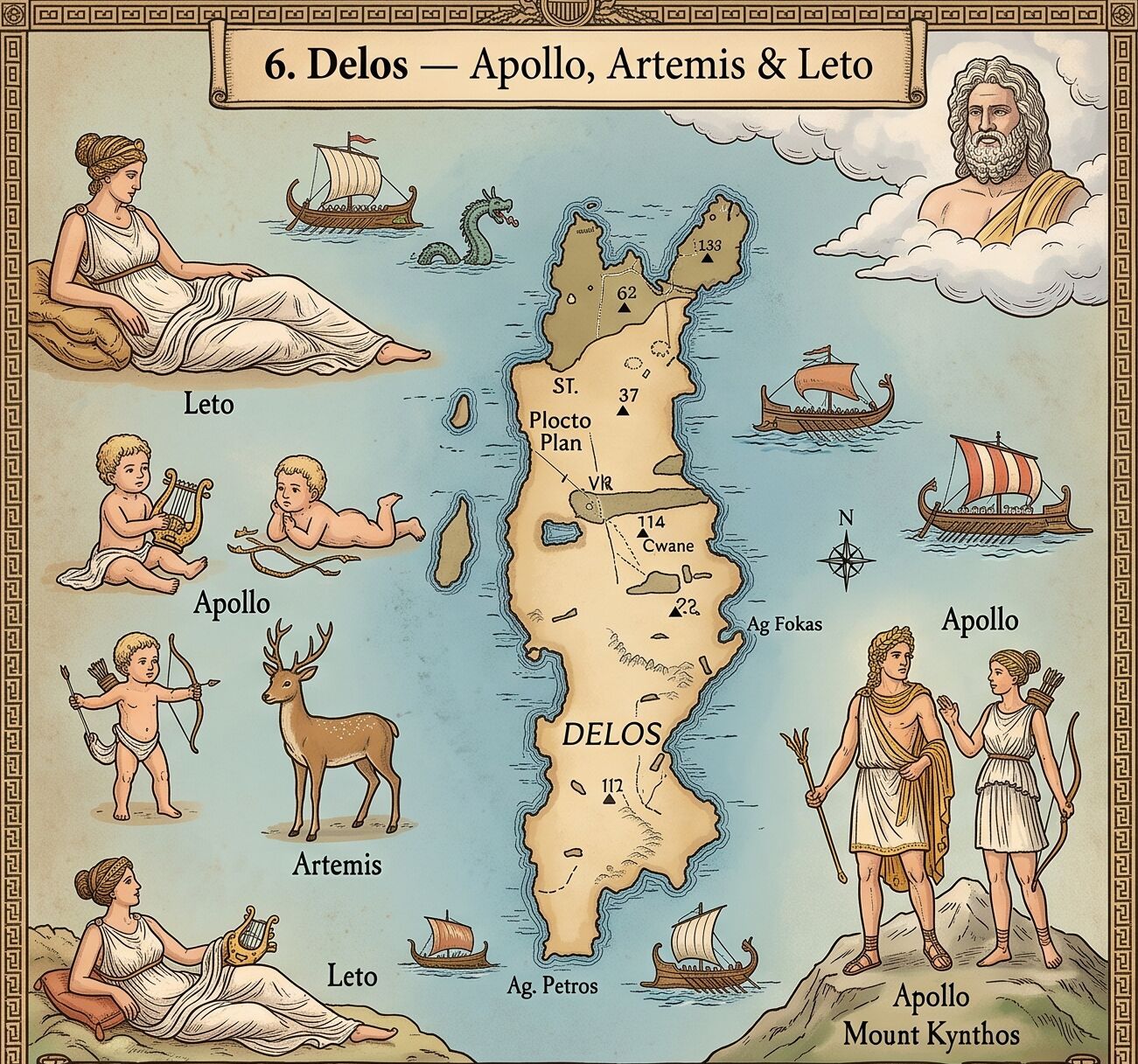 Map of Delos island with illustrations of Greek gods Apollo, Artemis, and Leto alongside ancient ships and sea creatures
