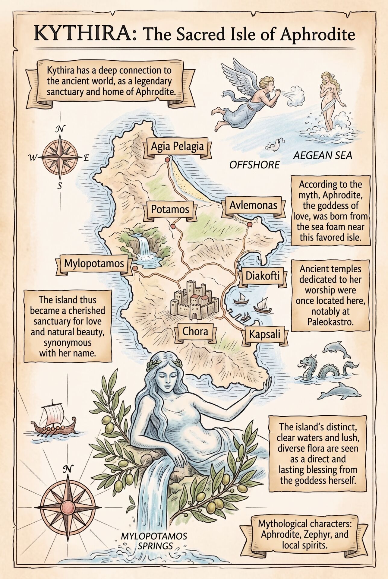 Map of Kythira island showing locations like Agia Pelagia and Chora with illustrations of Aphrodite and mythological scenes