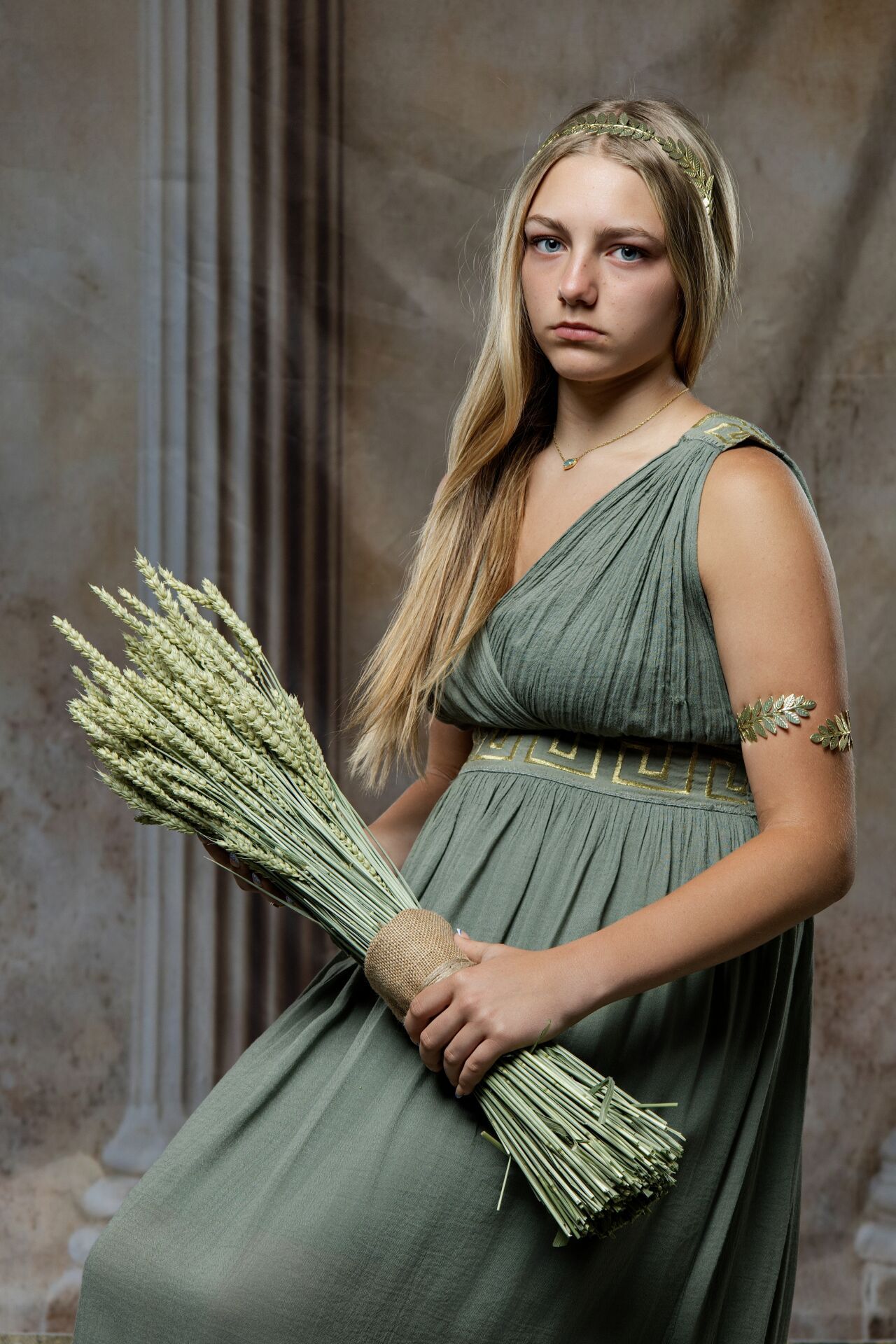 Demeter Greek goddess costume photoshoot in Athens with mythology styling and cinematic GreekClick portraits.
