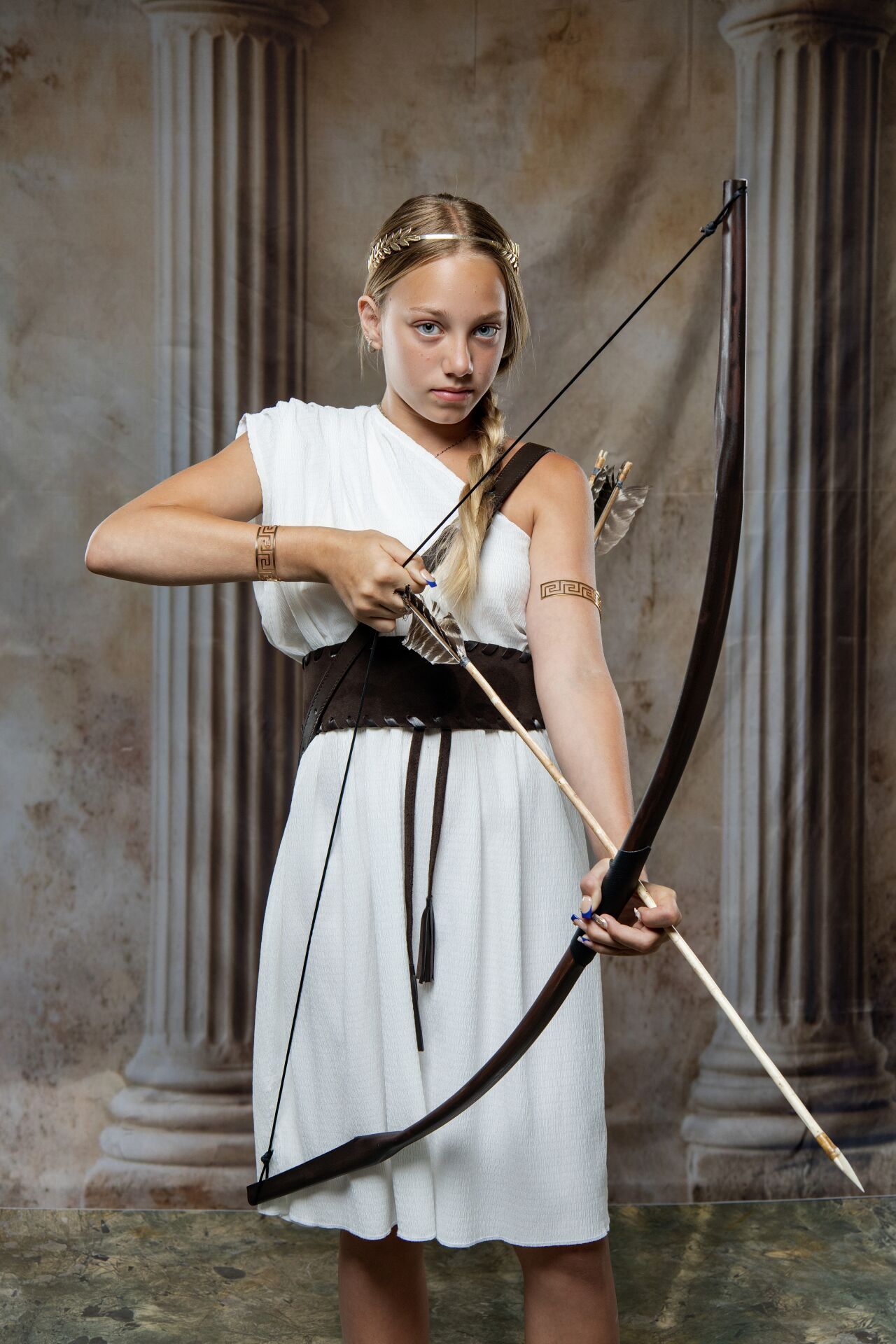 Artemis goddess bachelorette photoshoot in Athens with Greek costumes, mythology theme and GreekClick group portraits.