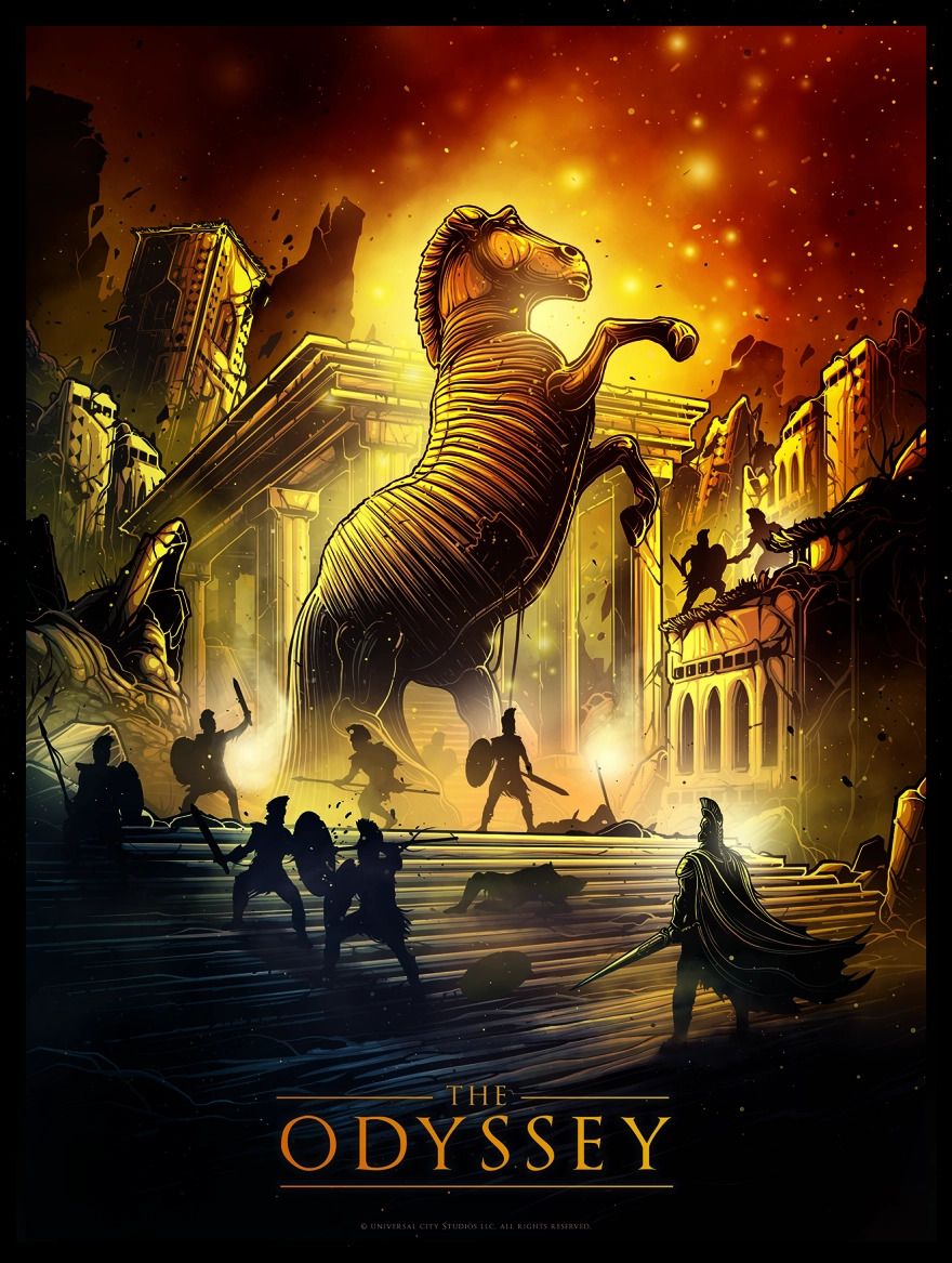 The Odyssey movie poster featuring a golden Trojan Horse amid ancient ruins with silhouetted warriors battling in dramatic fiery light.