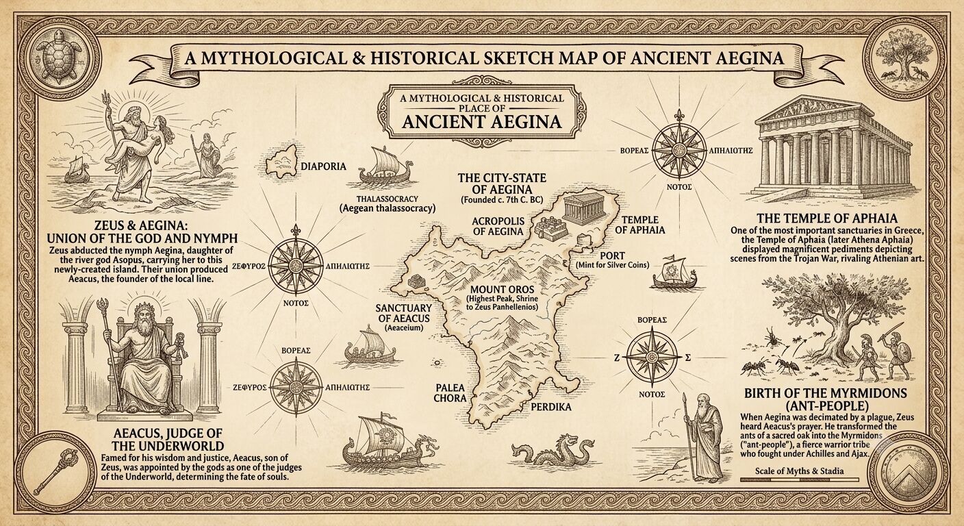 Mythological and historical sketch map of ancient Aegina showing temples, city-state, and mythological figures in sepia tones