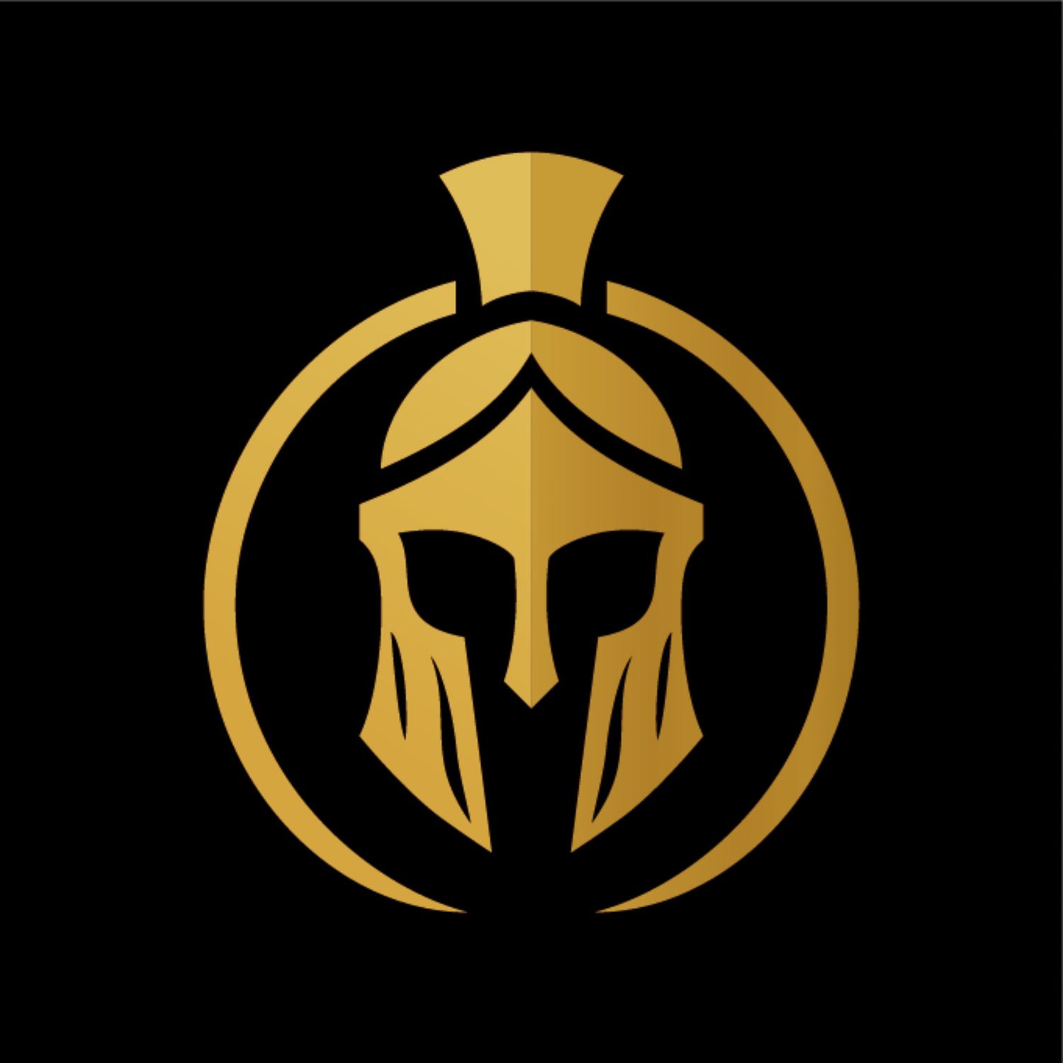 A series of minimalist gold Spartan helmet logos on black backgrounds showing different design variations.
