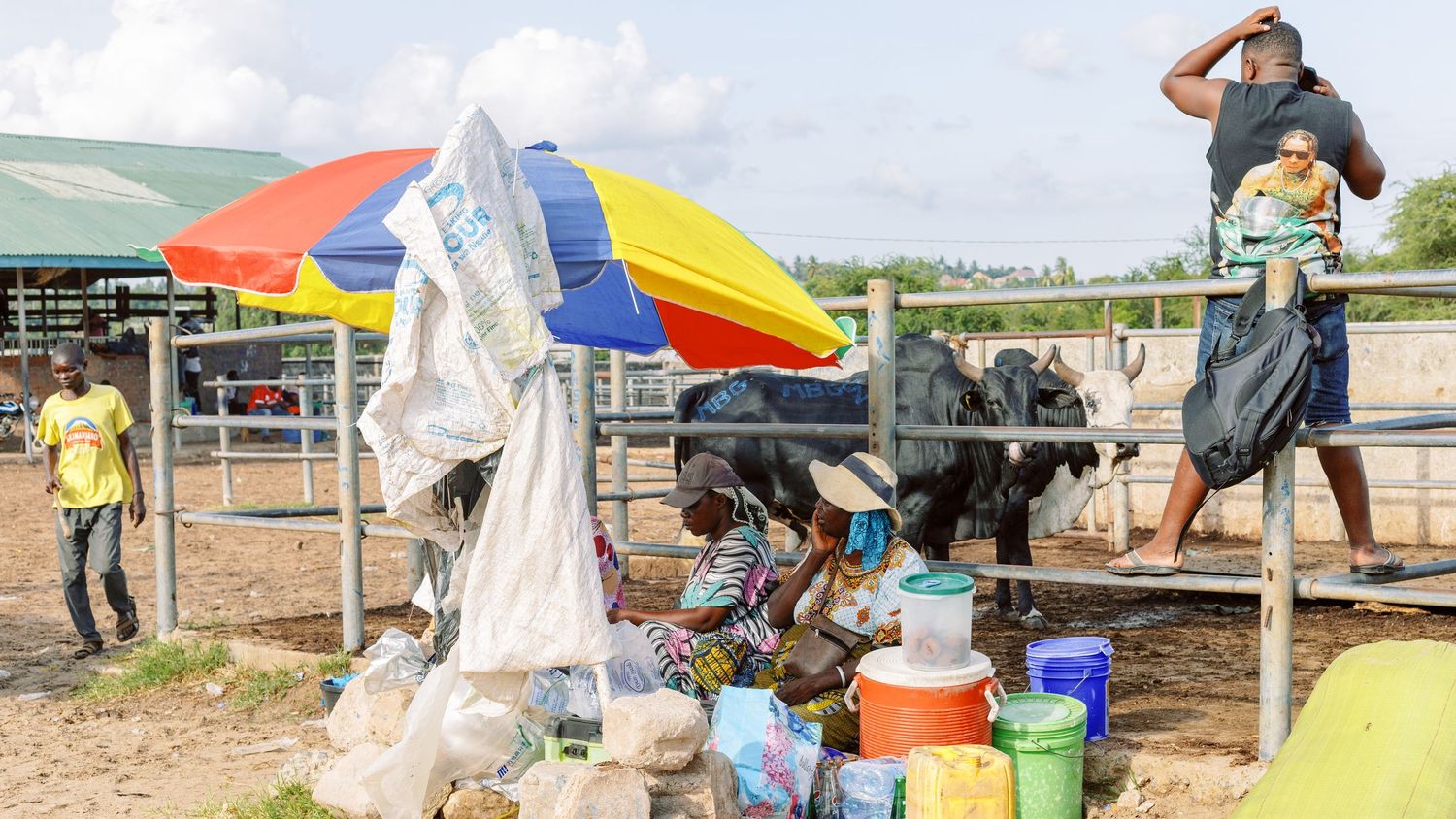 Street market vendor sitting under a colorful umbrella, candid daily life photography of small business in Africa by Naezi Eyes.