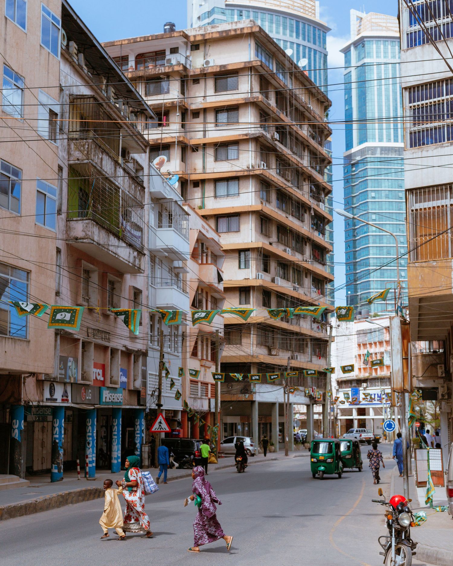 Fine art architectural print of a high-rise building in downtown Dar es Salaam, urban aesthetic wall decor capturing Tanzanian city life by