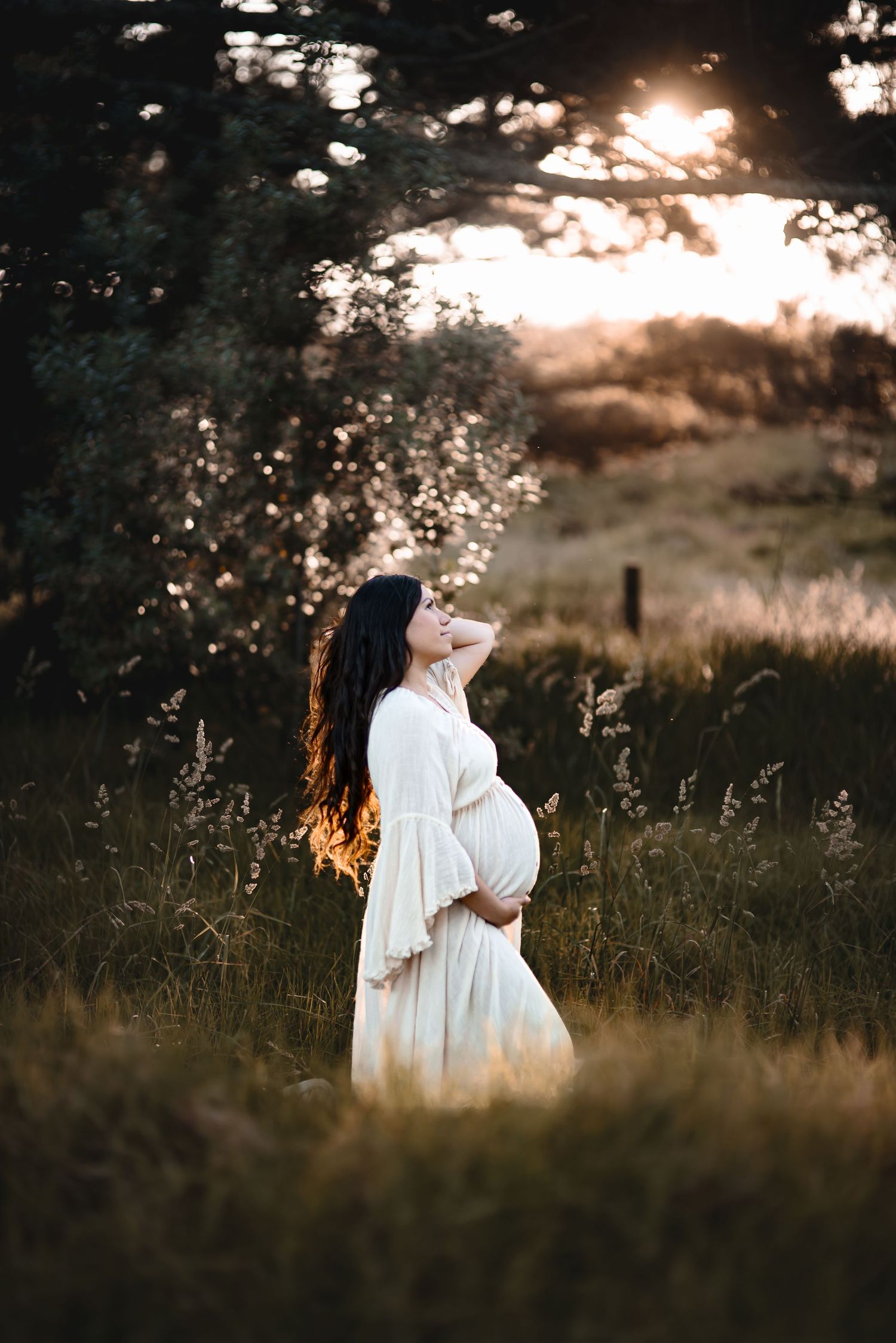A maternity silhouette photo at sunset in a field of tall grass.