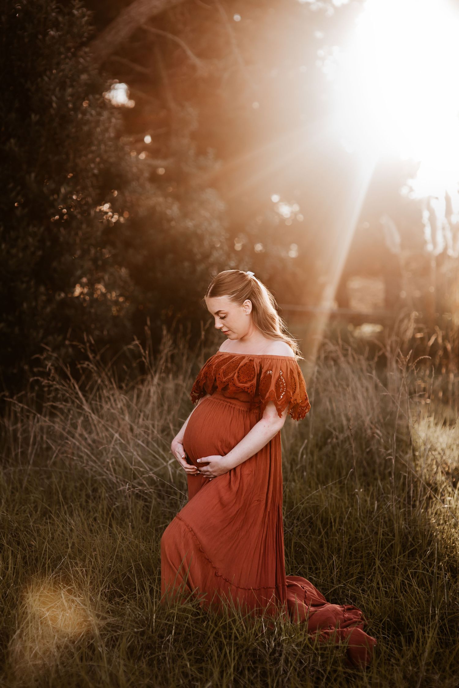 Maternity portrait in a rust-colored dress with golden sunlight streaming through trees.