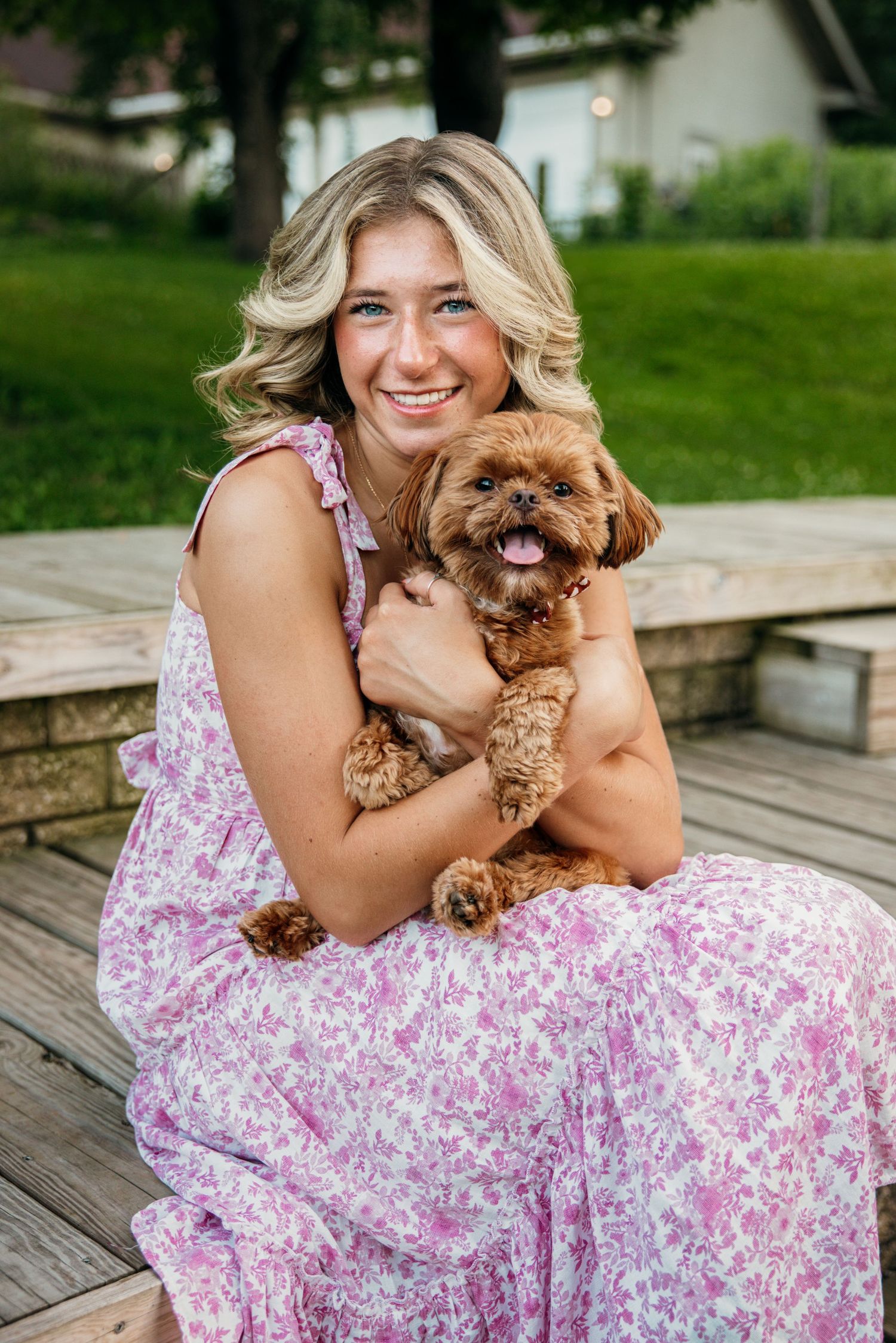 A brown toy poodle sits with someone in a pink floral dress on wooden deck steps.