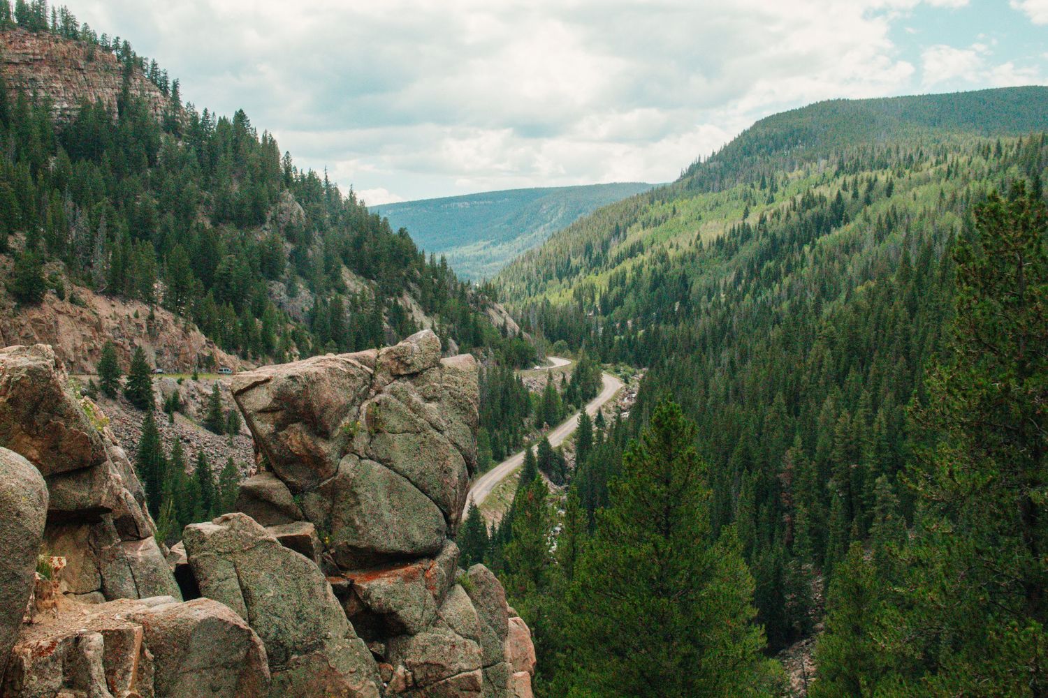 Panoramic mountain landscape with evergreen forest and rocky outcrops under cloudy sky.