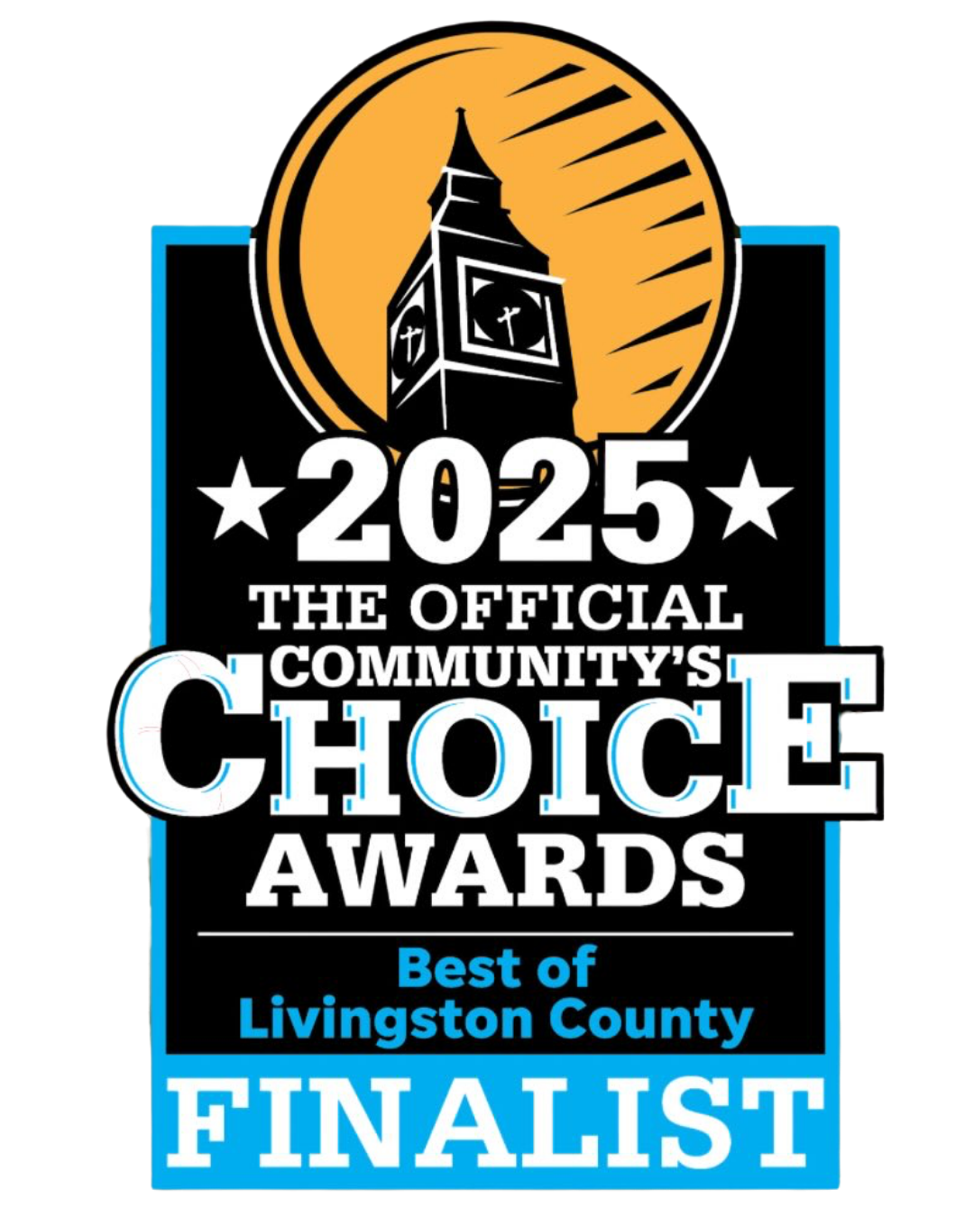 2025 Community's Choice Awards Best of Livingston County Finalist logo with Big Ben clock tower.