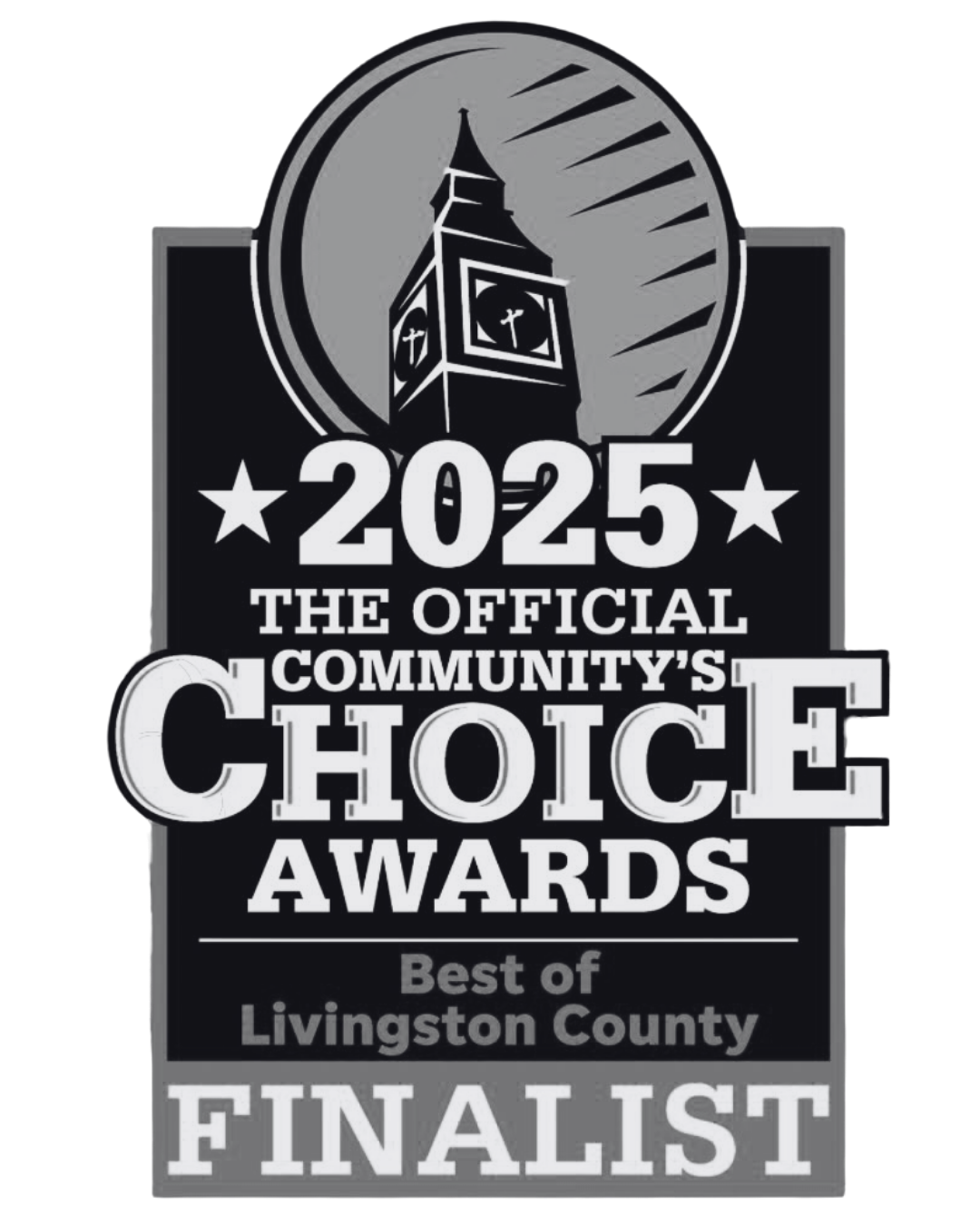 Black and white version of 2025 Community's Choice Awards Finalist logo featuring Big Ben tower.