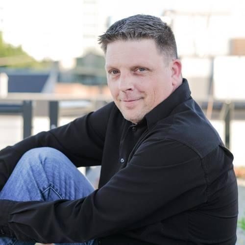 A series of candid portraits showing someone in casual attire leaning against an outdoor railing.