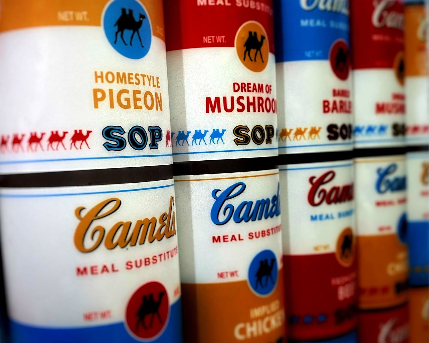 Collection of vintage Campbell's soup cans arranged in a row showing different flavors.