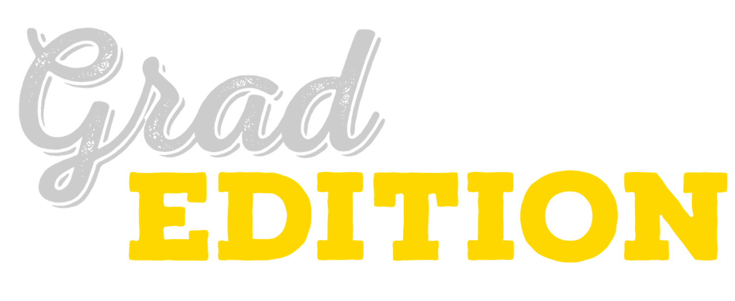 Grad Edition logo with cursive gray text and bold yellow capital letters on white background.