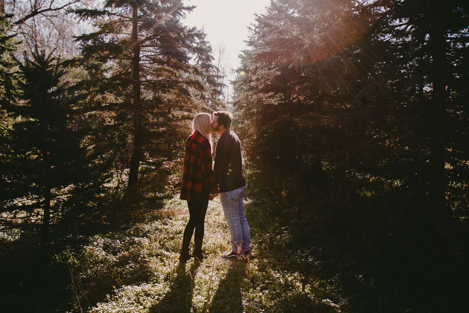 Couple sharing a romantic moment in a sunlit forest clearing surrounded by tall evergreen trees.