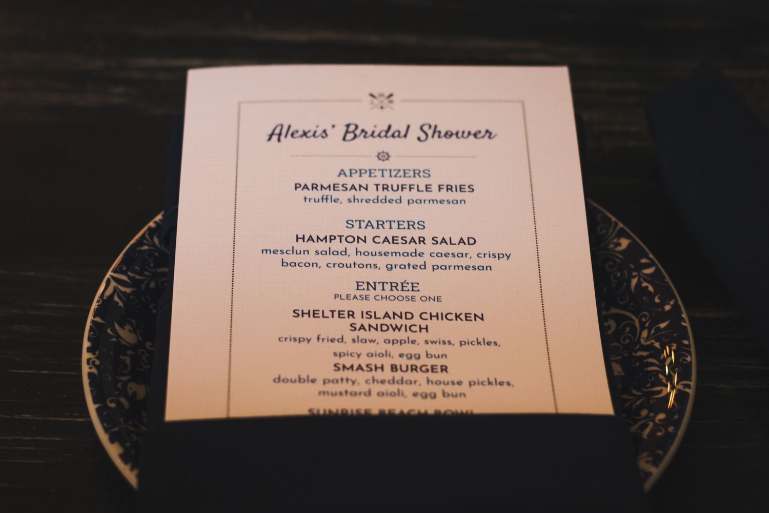 Alexis Bridal Shower menu card featuring appetizers, starters, and entree options on dark background.