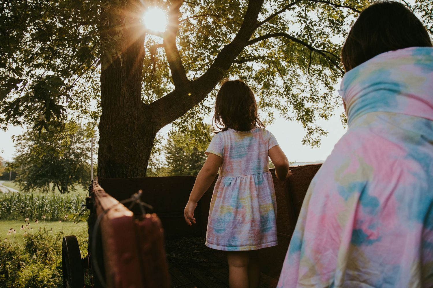 Young girl in pastel dress standing near a tree at golden sunset.