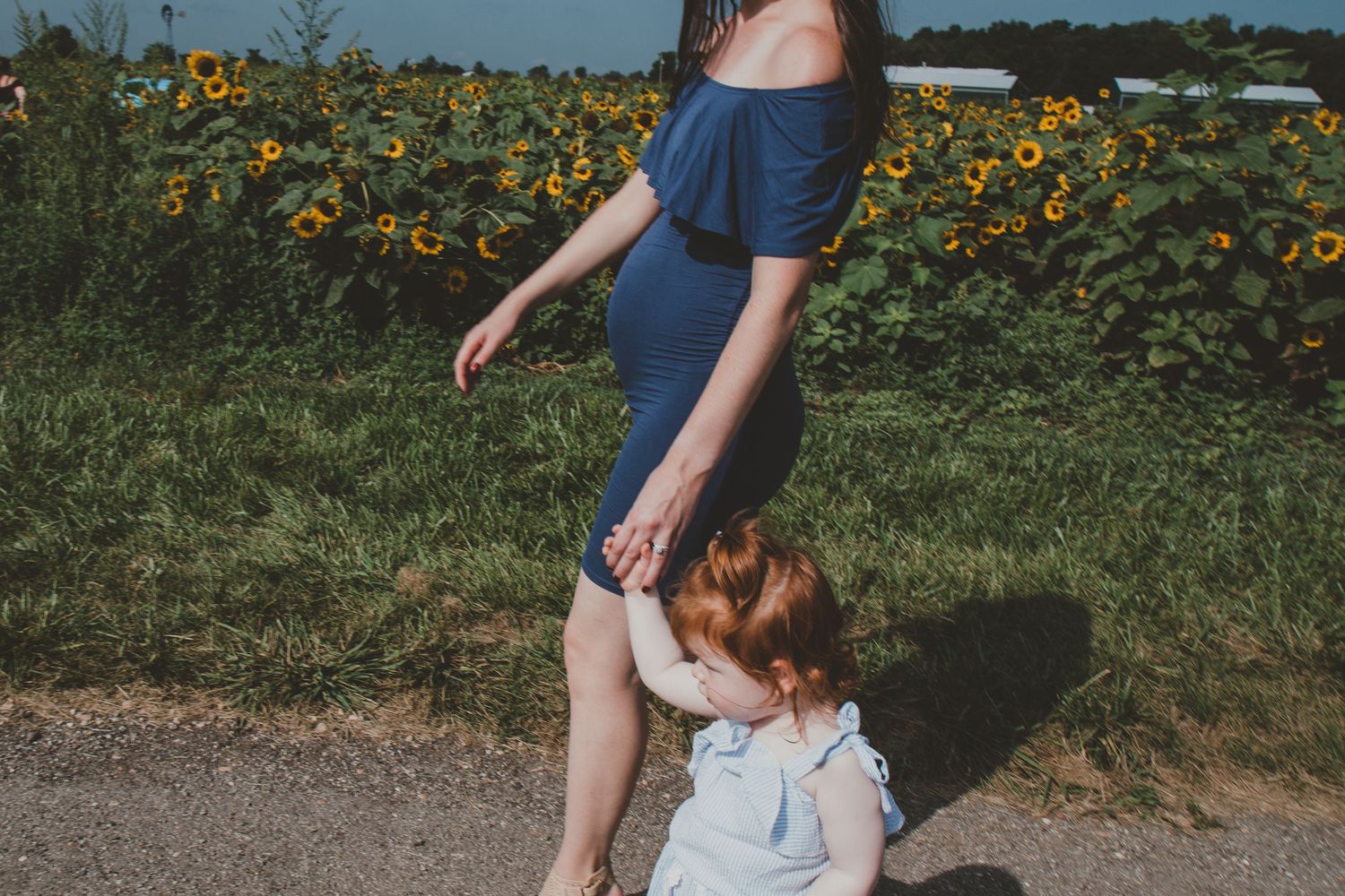 Pregnant woman in blue dress holding toddlers hand beside vibrant sunflower field on sunny day.