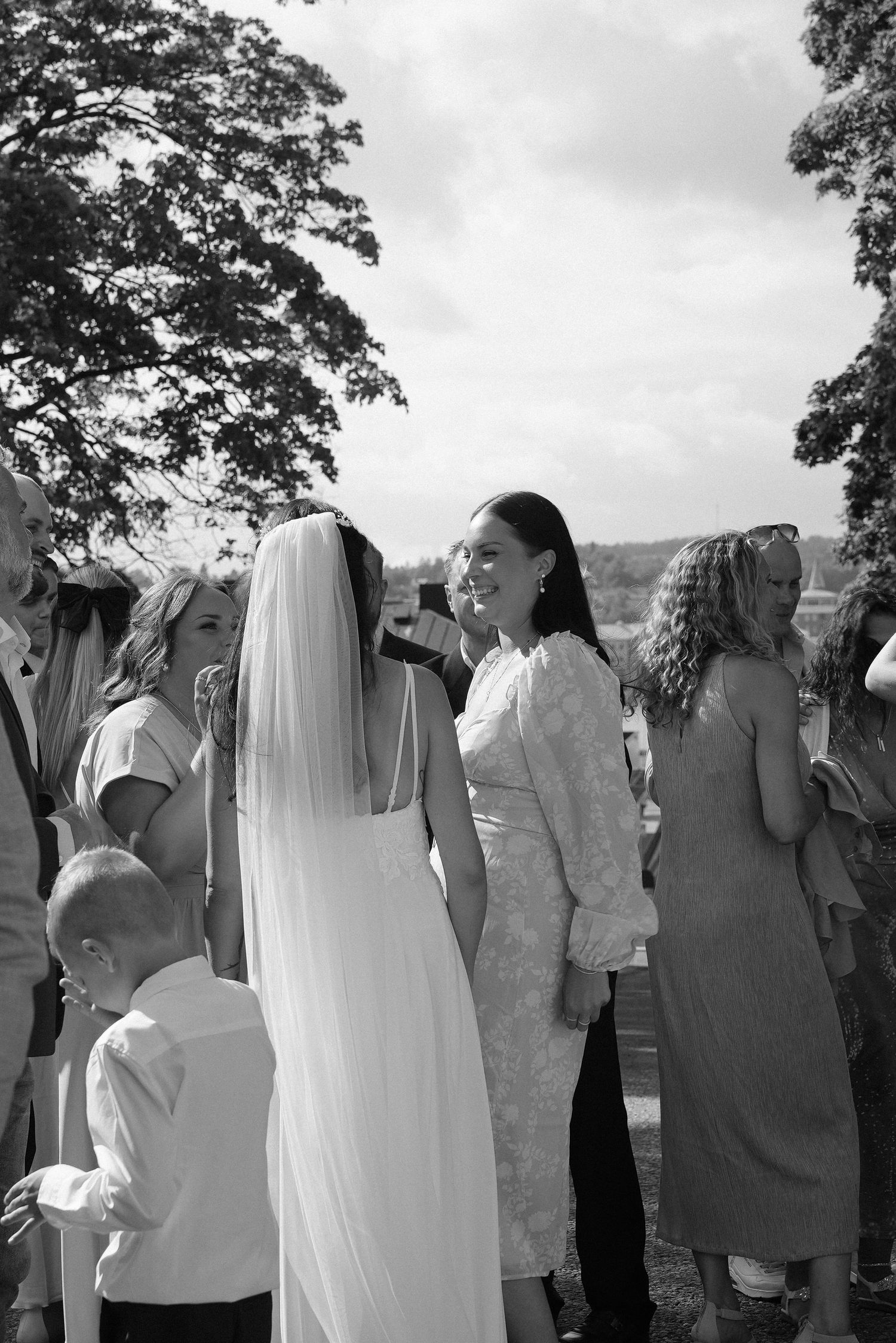A group of wedding guests stand in a line with their backs turned to the camera, with a bride in a white veil visible.