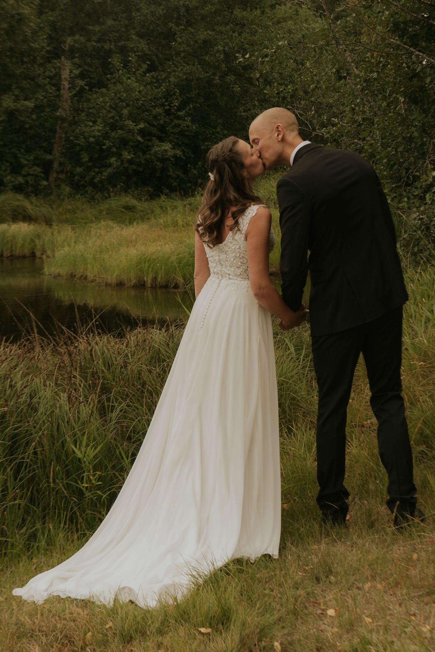 Candid wedding photography sequence showing a couple in a natural outdoor setting.