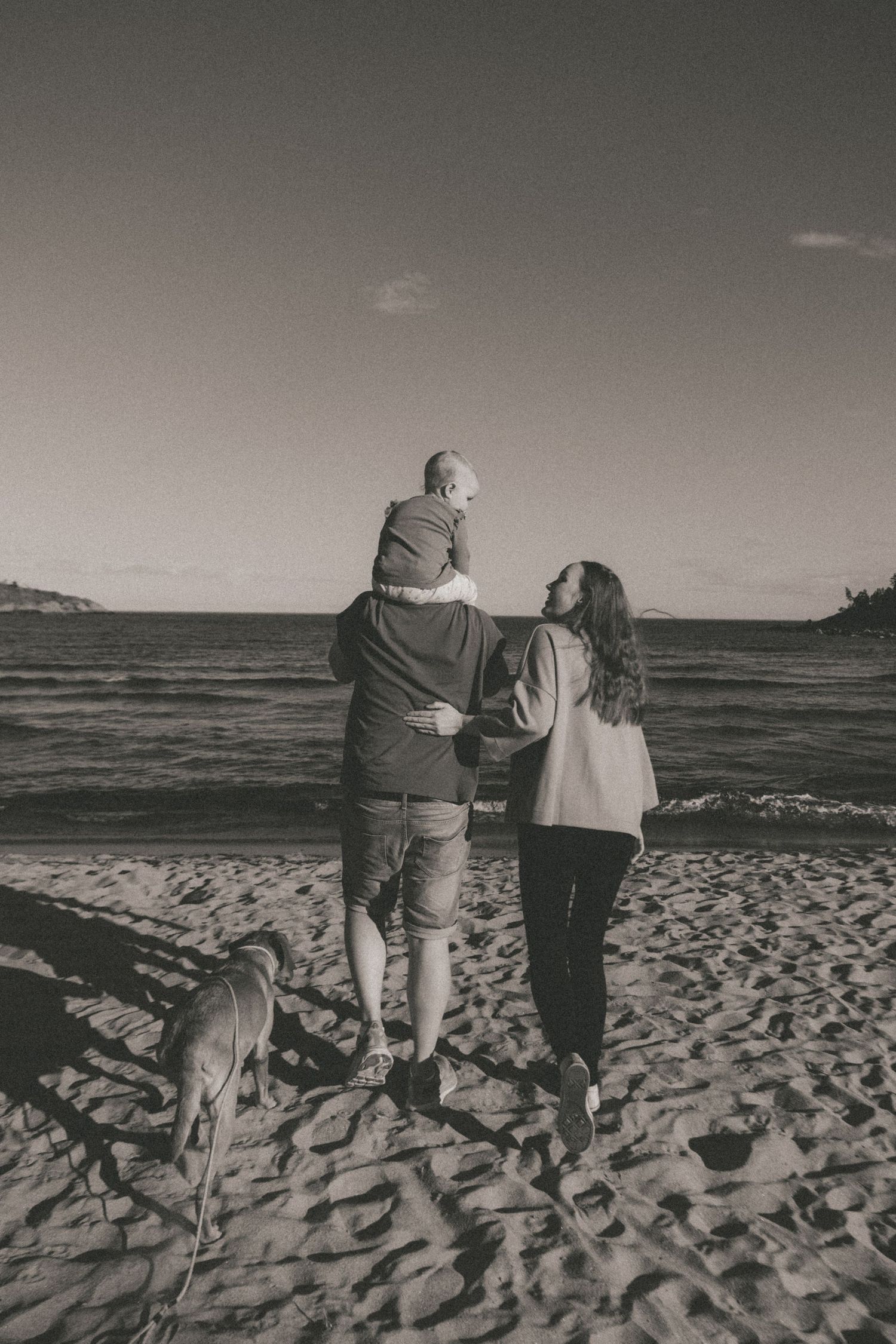A family and their dog enjoy a peaceful moment on the beach at sunset.