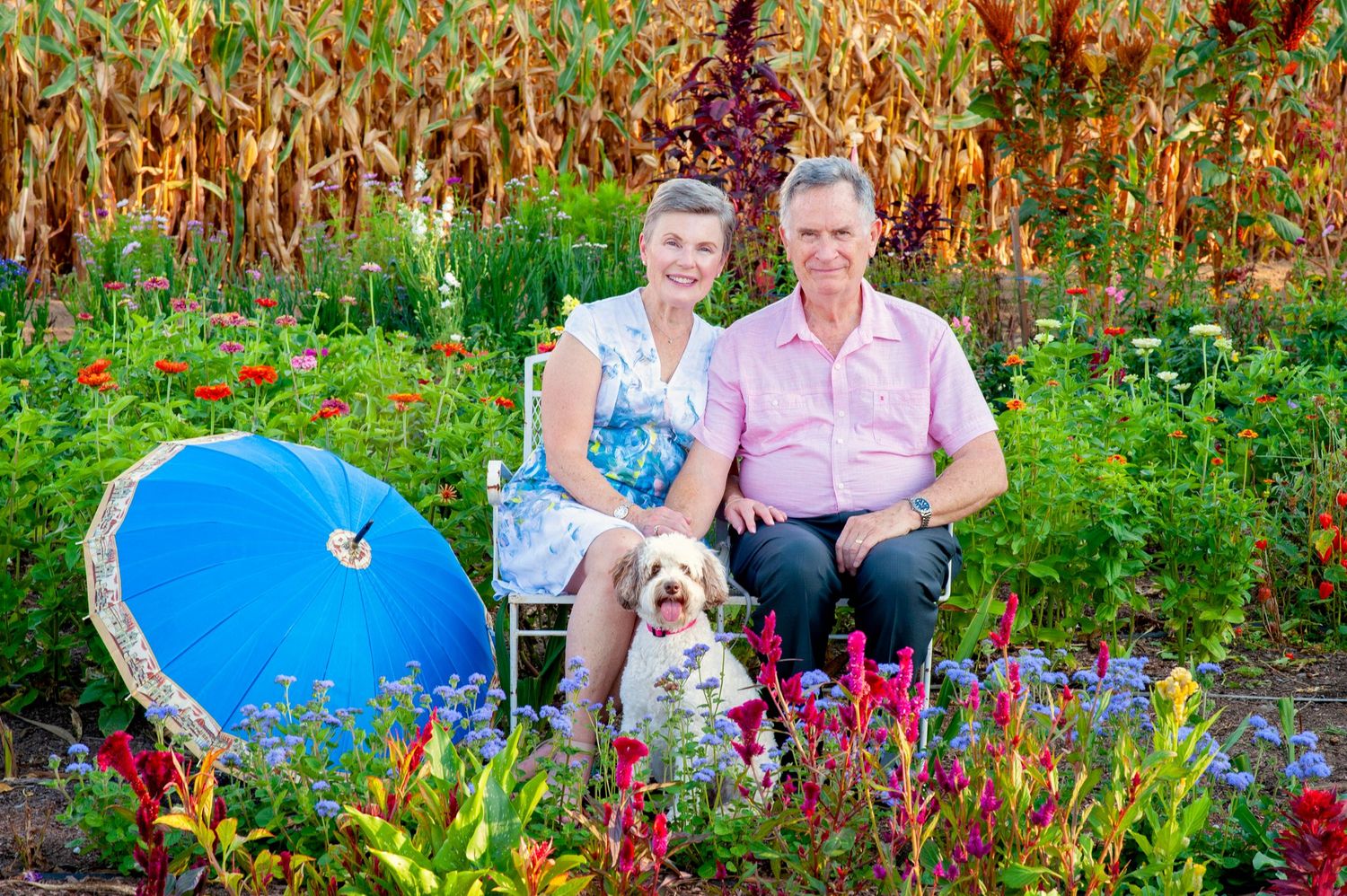 Couple with dog sitting in vibrant flower garden with blue umbrella and corn stalks.