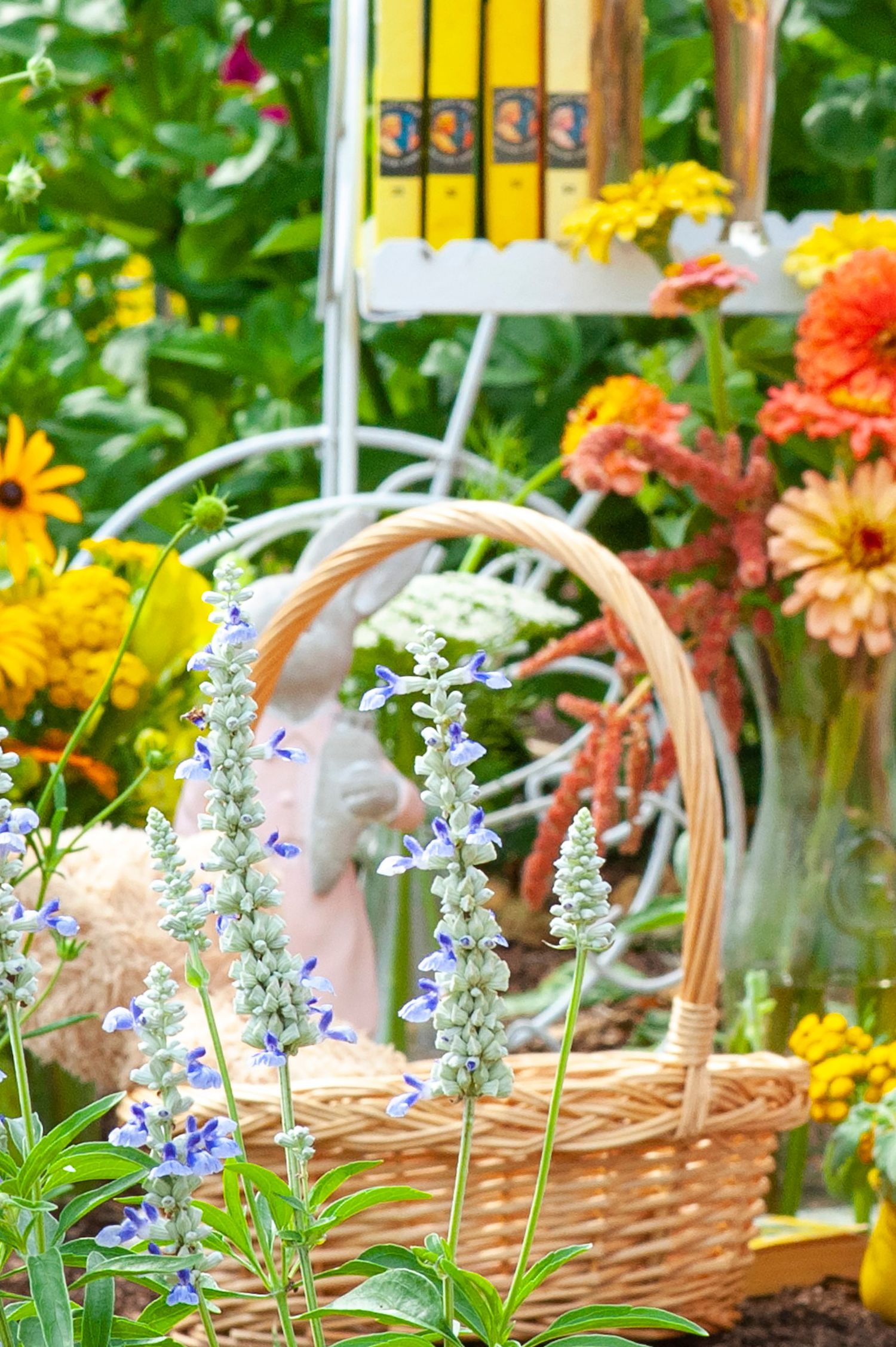 Wicker basket surrounded by colorful garden flowers including blue salvia and orange zinnias.