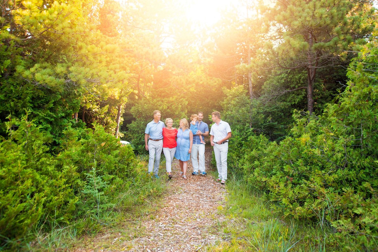 Group of people posing together on a forest path surrounded by lush green trees in warm sunlight.