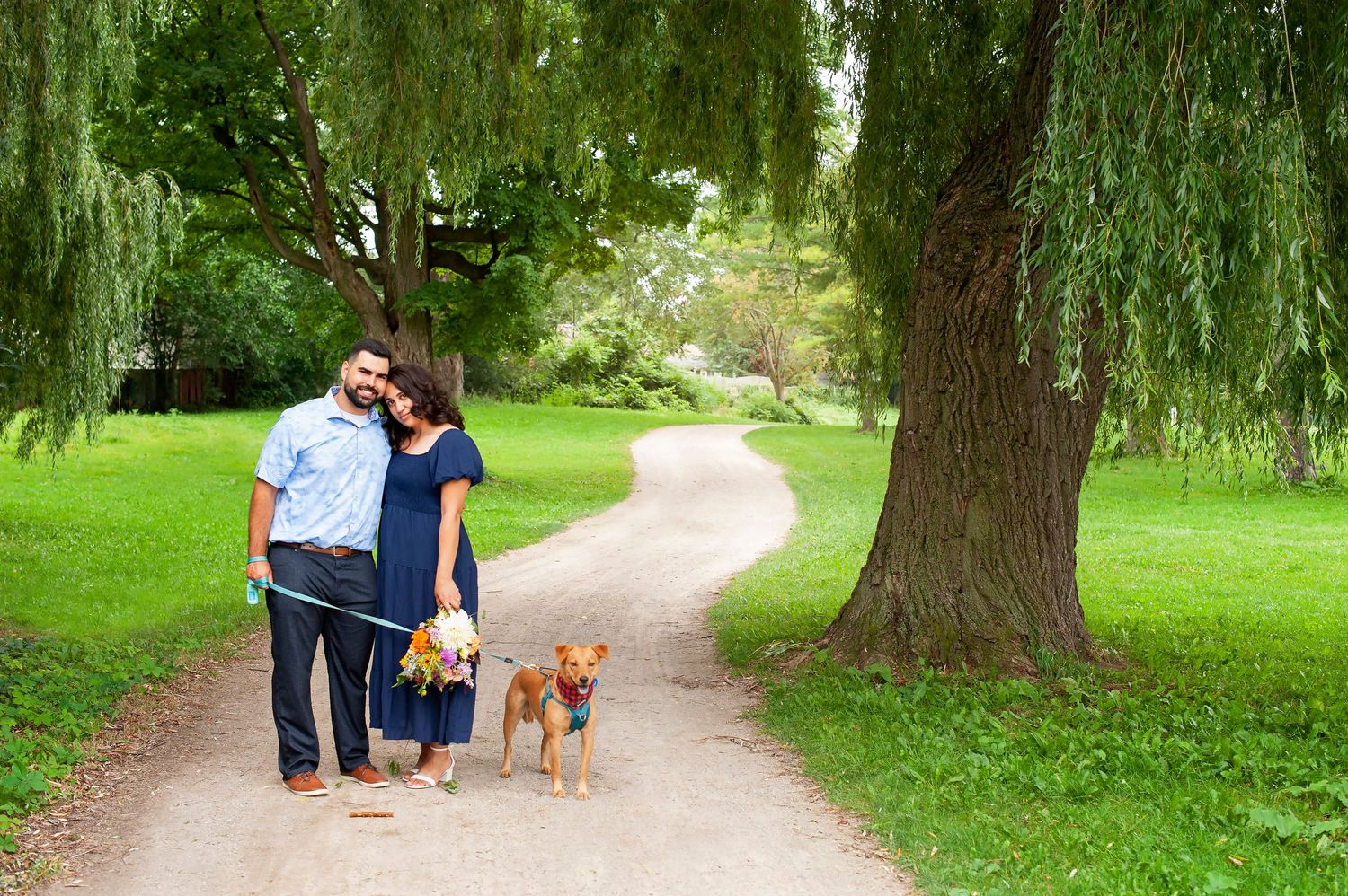 Engaged couple walking their dog on a winding path under weeping willow trees.