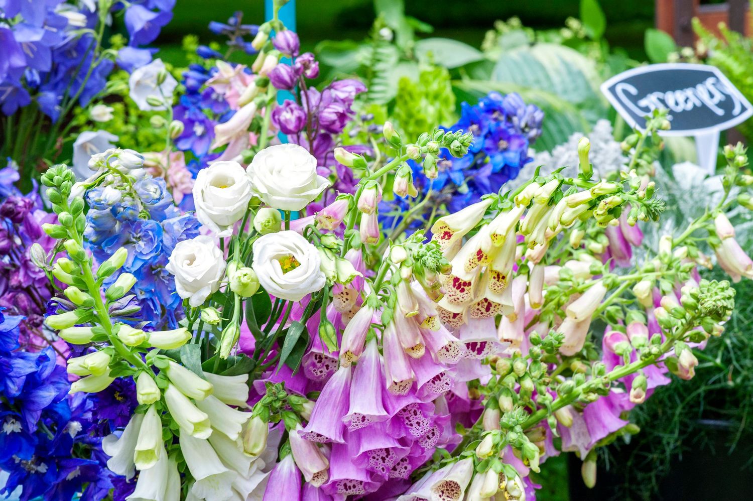Colorful market bouquets featuring blue delphiniums, white foxglove, and purple flowers for sale.
