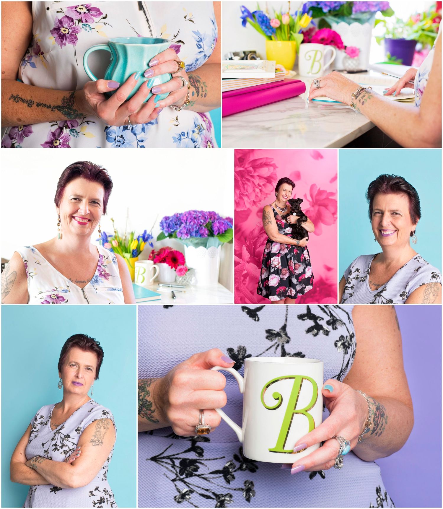 Collage of woman with tattoos in floral dress holding coffee mugs and working at desk.