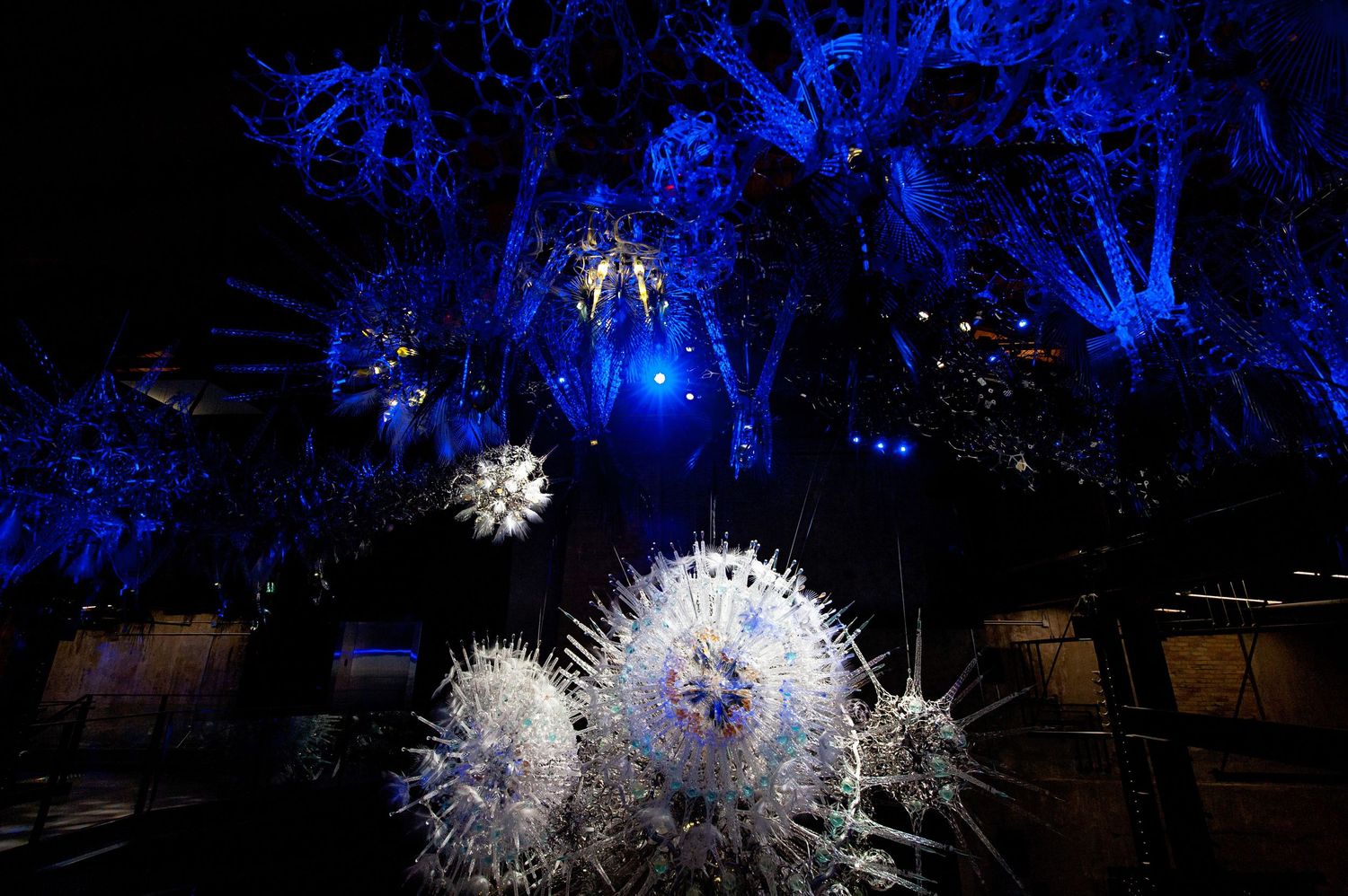 Dramatic blue-lit display of large white spiky sculptures and illuminated trees at night event.