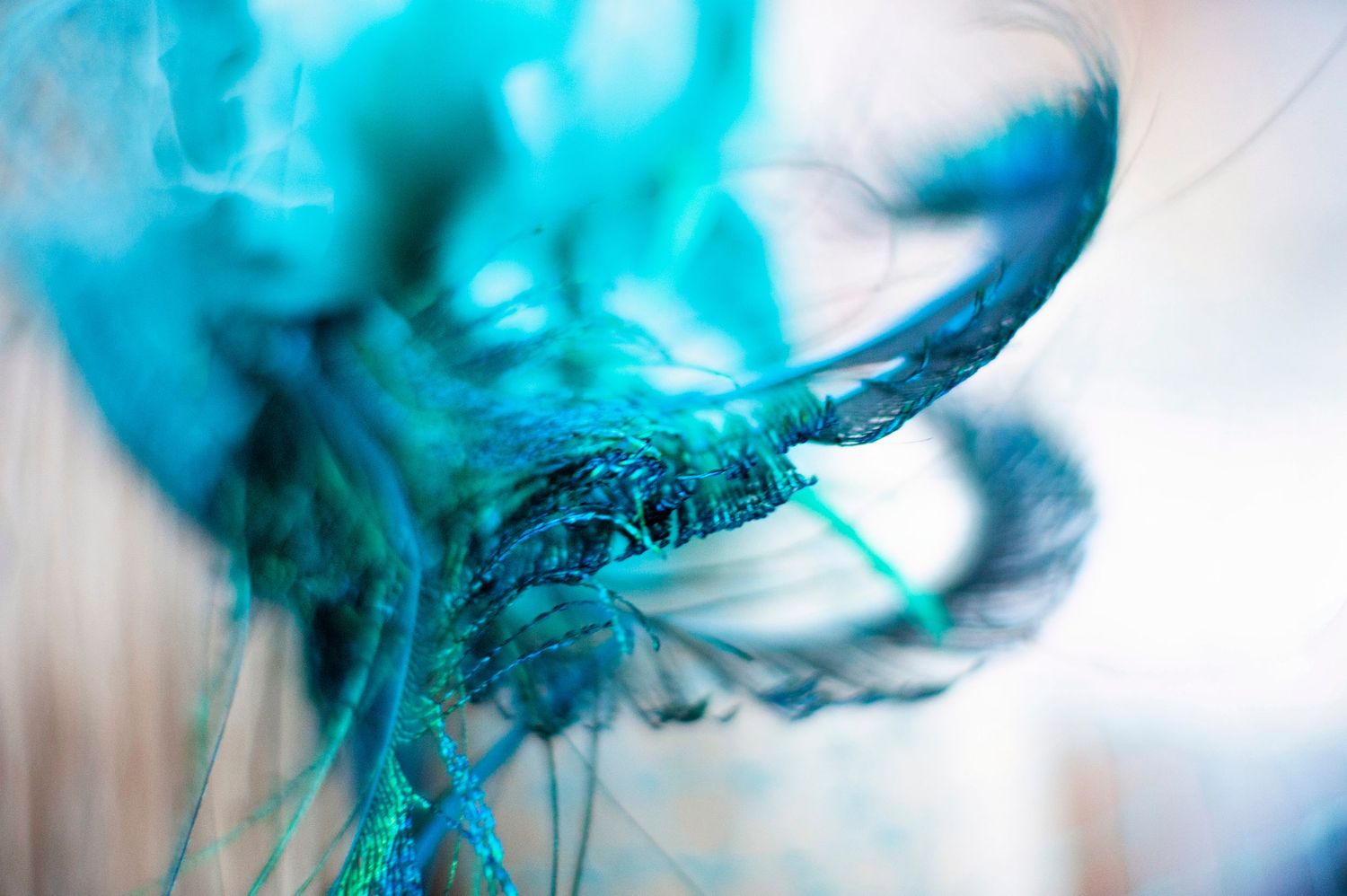 Abstract close-up of vibrant teal and blue feathers with flowing motion blur effect.