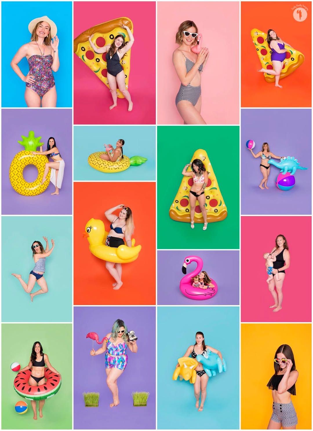 Collage of women in swimsuits posing with colorful inflatable pool floats on vibrant backgrounds.